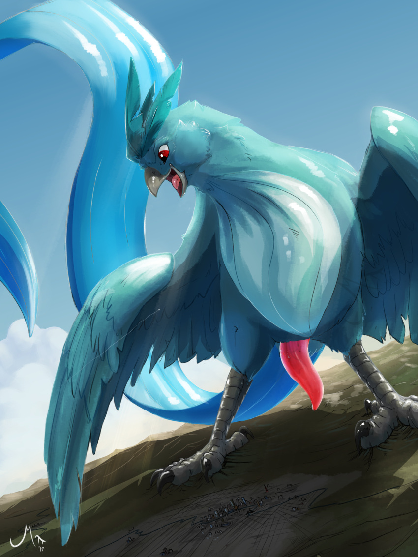 2019 3:4 animal_genitalia animal_penis articuno avian beak biped bird erection feathers feral genitals hi_res landscape_dwarfing legendary_pokemon macro magpi male male_only nintendo open_mouth penis pokémon_(species) pokemon pokemon_(species) red_eyes solo standing talons tapering_penis teal_feathers tongue tongue_out video_games wings