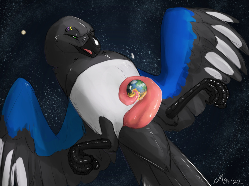 2022 4:3 4_toes anisodactyl black_body black_feathers black_feet eyebrow_piercing facial_piercing feathers feet feral genitals green_eyes hi_res lgbt_pride looking_at_viewer macro mag_(magpi) magpi magpie_(disambiguation) male nonbinary_pride_colors penis piercing pink_penis planet_destruction planet_earth prehensile_penis pride_colors signature solo space tapering_penis toes