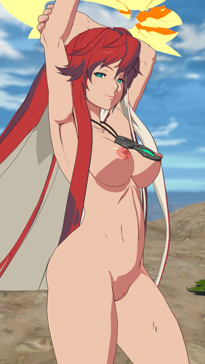 1girls arc_system_works functionally_nude functionally_nude_female green_eyes guilty_gear jack-o'_valentine mr.inhuman multicolored_hair nude outdoors outside red_hair solo solo_female white_hair