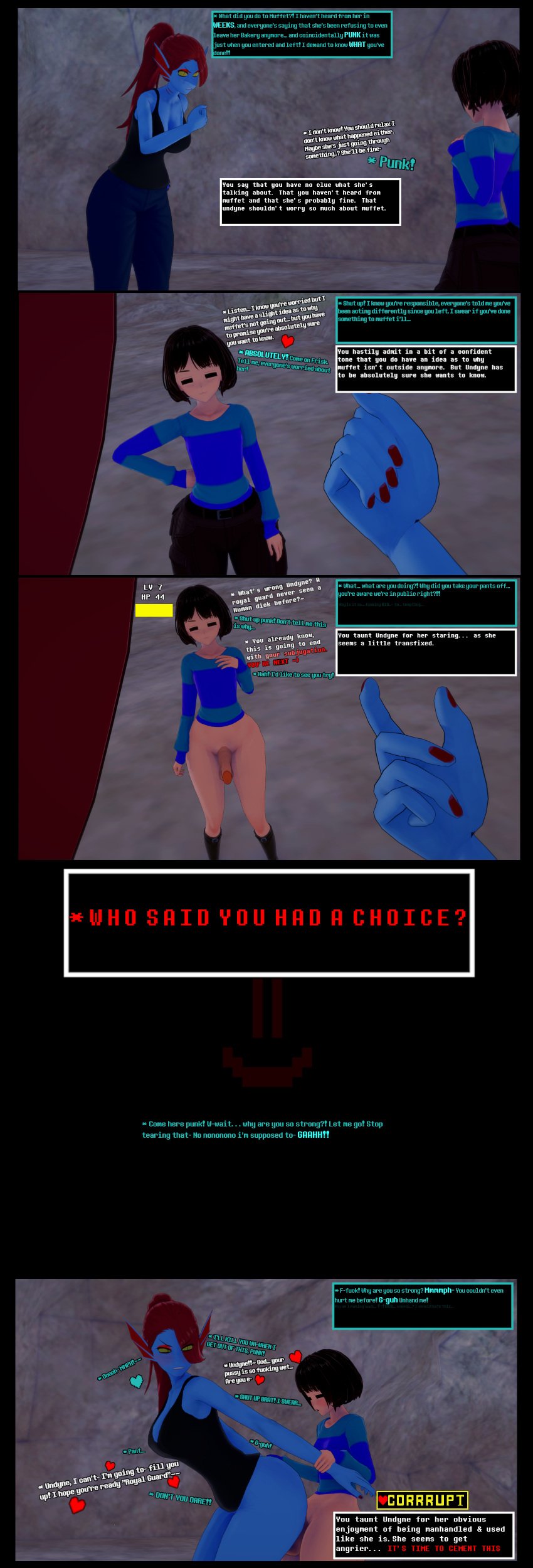 1boy 1girls 3d comic corruption dialogue duo english english_dialogue english_text fantasy female femboy femsub frisk gameplay_mechanics health_bar male maledom maledom_caption paroraro sex smug taunting text text_box tomboy undertale undertale_(series) undyne