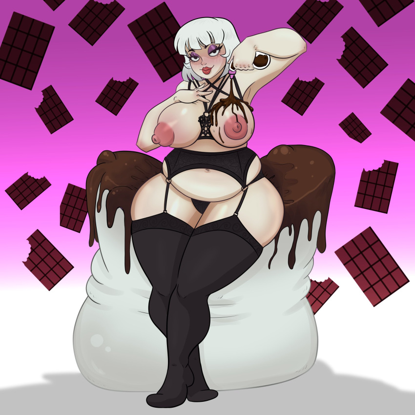 1girls areolae big_breasts chloe_sweetheart chocolate chocolate_on_breasts female female_focus female_only garter_belt garter_straps looking_at_viewer nipples original original_character robocream roby_creep thick_thighs white_hair