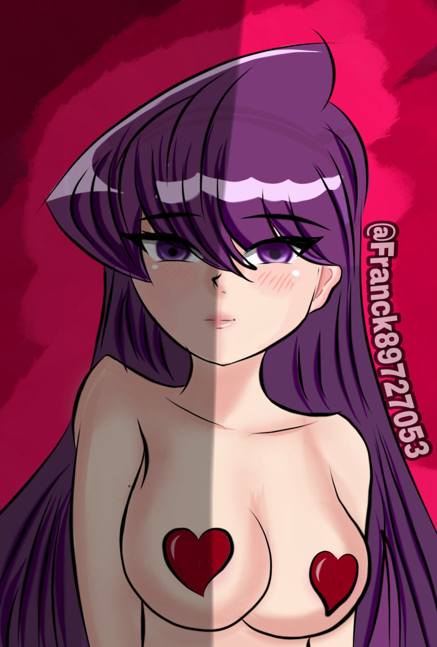 artist_name big_breasts breast frankck_(artist) komi-san_wa_komyushou_desu komi_shouko light-skinned_female mostly_nude pasties pinup pornography purple_hair smile smiling_at_viewer soft_smile upper_body