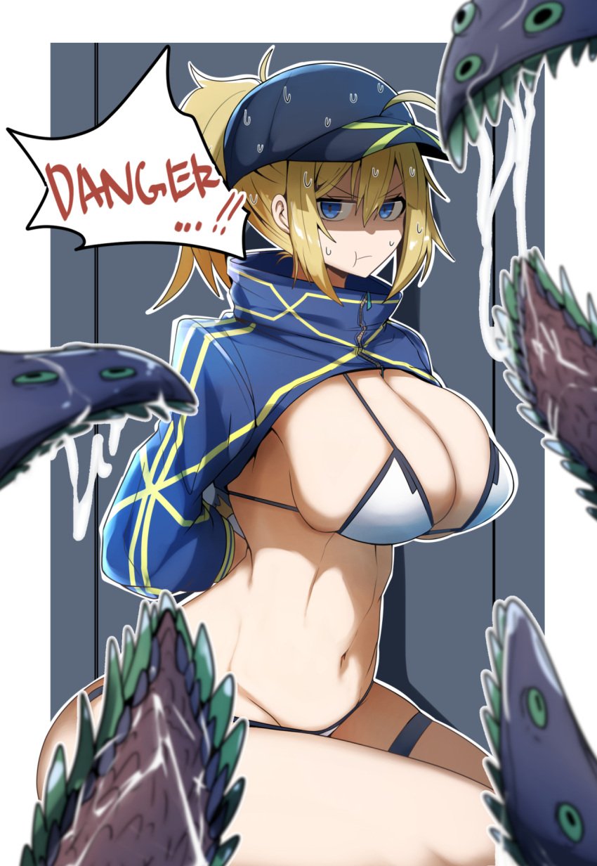 1girls artoria_pendragon blonde_hair blue_eyes breasts english_text fate/grand_order fate_(series) female female_only gin_moku hi_res large_breasts mysterious_heroine_xx_(foreigner) solo sweat tentacles text thighs wide_hips