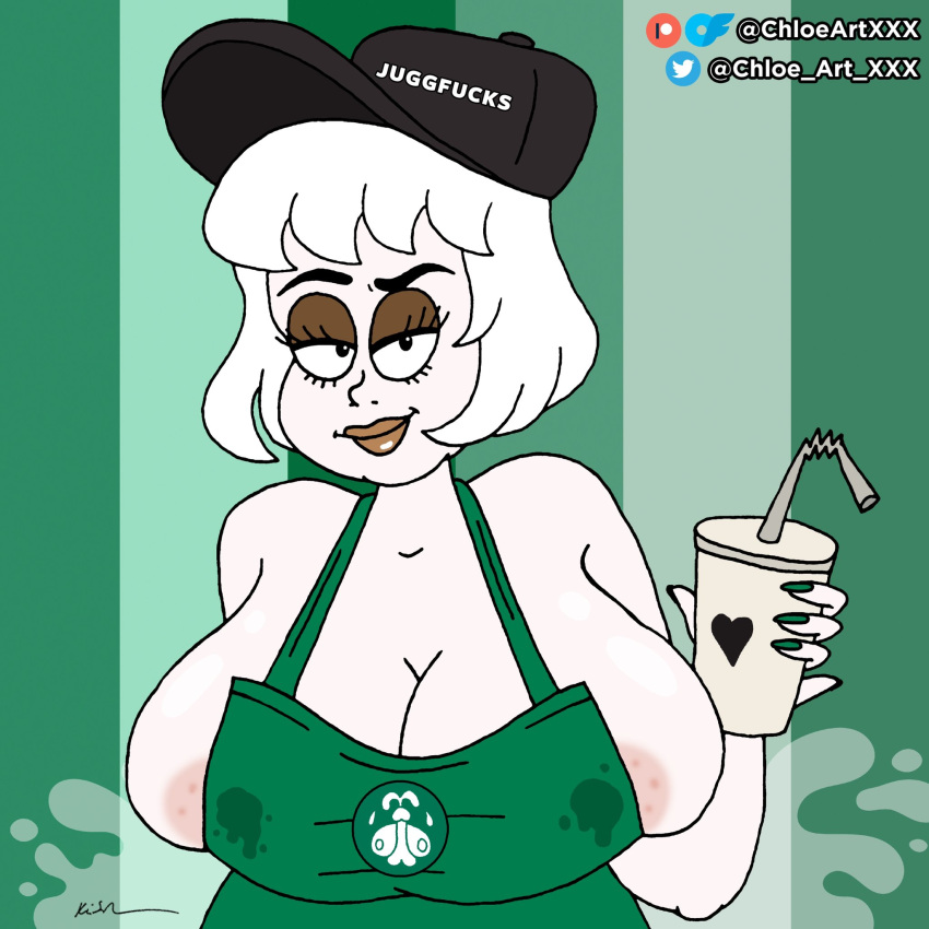 1girls apron chloe_sweetheart chloeartxxx female female_focus female_only iced_latte_with_breast_milk lactating lactation lactation_through_clothes meme milking naked naked_apron original original_character short_hair voluptuous white_hair