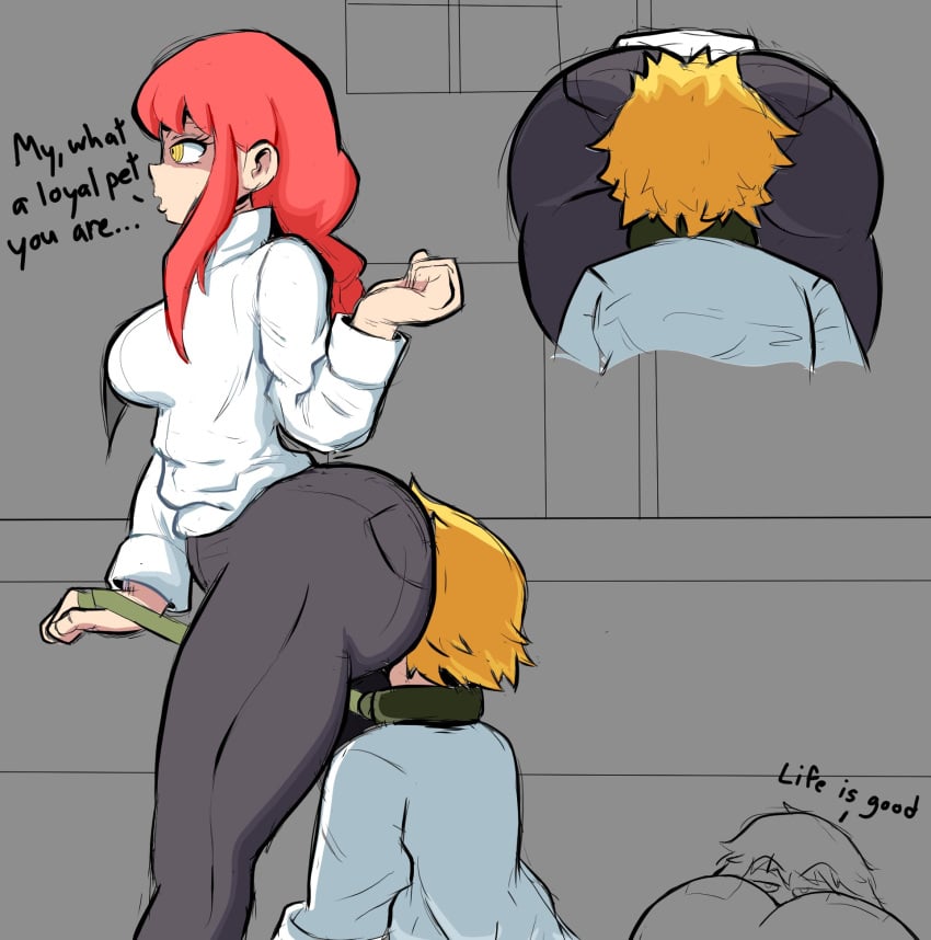 1boy 1girls ass big_ass big_butt bubble_butt chainsaw_man denji_(chainsaw_man) dialogue english_text face_in_ass facesitting fat_ass female humiliation imminent_fart leash makima_(chainsaw_man) protorepulsive rear_view red_hair repulsiveproto tagme text thick_thighs yellow_eyes