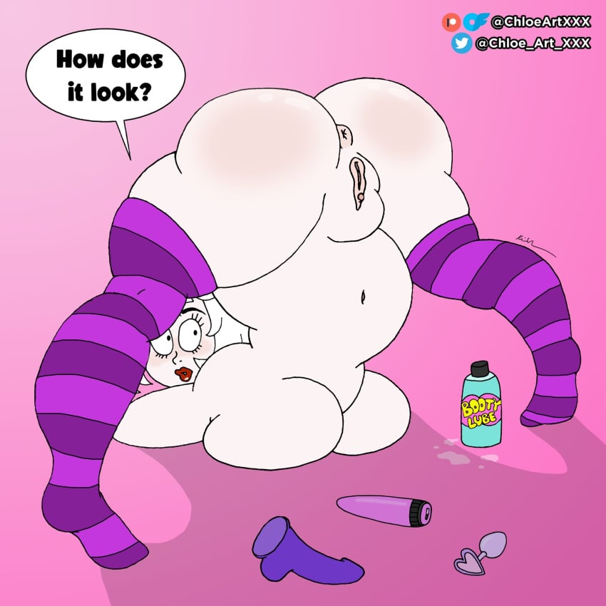 1girls chloe_sweetheart chloeartxxx dildo english_text face_down_ass_up female female_focus female_only jack-o_pose looking_back lube_bottle original original_character sex_toy speech_bubble thick_thighs