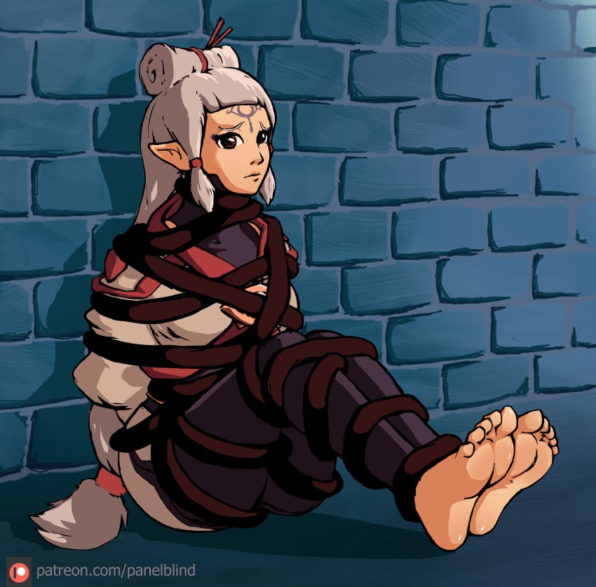 1girls age_of_calamity ass barefoot bodysuit bondage bound bound_arms bound_legs breasts feet hi_res hyrule_warriors:_age_of_calamity impa impa_(age_of_calamity) leggings long_hair ninja nintendo panelblind pants paya_(the_legend_of_zelda) pointy_ears red_eyes restrained sitting sitting_on_floor solo tentacle tentacle_bondage the_legend_of_zelda tied tied_up tight_pants white_hair