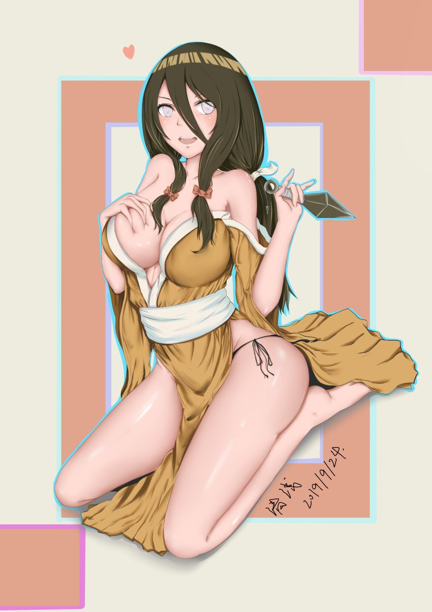 1girls bare_shoulders barefoot breast_grab breasts brown_hair cleavage collarbone dated female female_only grabbing_own_breast hair_between_eyes hair_ribbon heart holding holding_weapon hyuuga_hanabi kimono kneeling kunai large_breasts long_hair low_ponytail naruto naruto:_the_last naruto_(series) no_bra off_shoulder panties seisen seiza sitting solo violet_eyes weapon