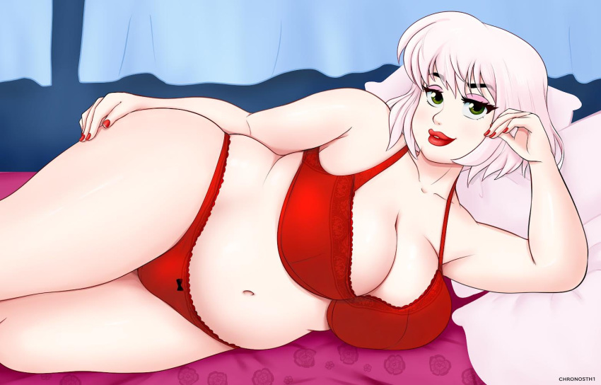 bra chloe_sweetheart chronosth1 chubby chubby_female gummslime looking_at_viewer lying lying_on_side original original_character pale-skinned_female pale_skin panties underwear white_hair