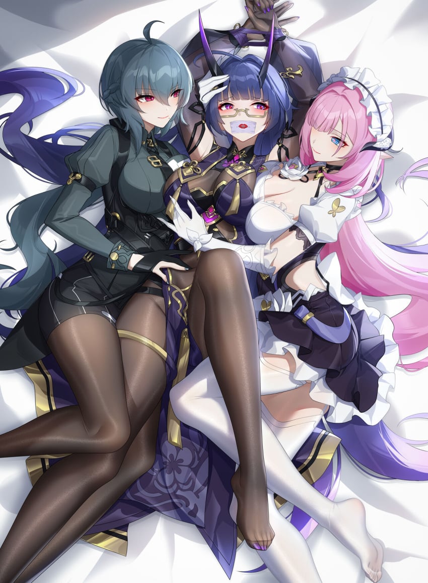 3girls blush bondage edit elbow_gloves elysia_(honkai_impact) fff_threesome gag gagged gloves honkai_impact honkai_impact_3rd legwear long_hair mihoyo multiple_girls raiden_mei raven_(honkai_impact) smile threesome wu_ganlan_cai yuri