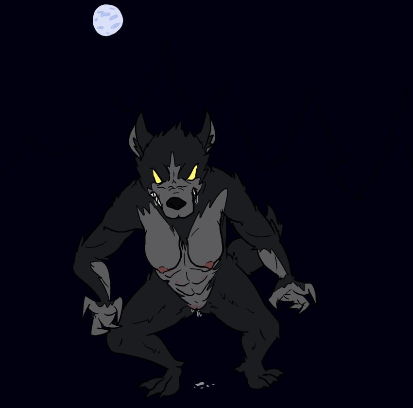 anthro bodily_fluids breasts canid canine degeneroid dripping drooling female genital_fluids genitals glowing glowing_eyes hi_res mammal moon multi_nipple muscular muscular_female nipples pussy pussy_juice saliva simple_background solo were werecanid werecanine werewolf