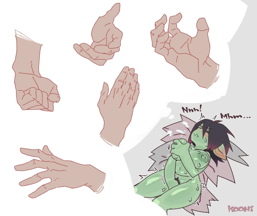 1girls 1other 5_fingers ambiguous_gender artist_name big_breasts black_hair blush breasts disembodied_hand fantasizing female finger_fuck fingering fingering_self fingers gobbo_(kooni) goblin goblin_female green_skin hand_fetish hand_focus hi_res holding_breast humanoid humanoid_hands kooni masturbation nipples no_visible_genitalia nude pointy_ears pubes pubic_hair simple_background solo sweat vaginal_masturbation vaginal_penetration