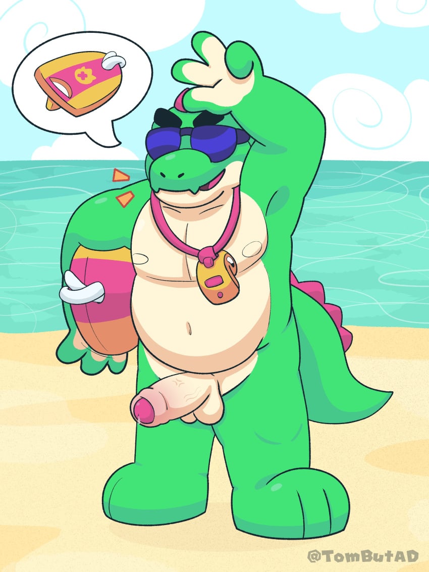 anthro balls beach big_ass big_penis brawl_stars buzz_(brawl_stars) crocodile dinosaur feet glasses green_skin looking_at_viewer penis scalie solo_male spikes tagme tombutad