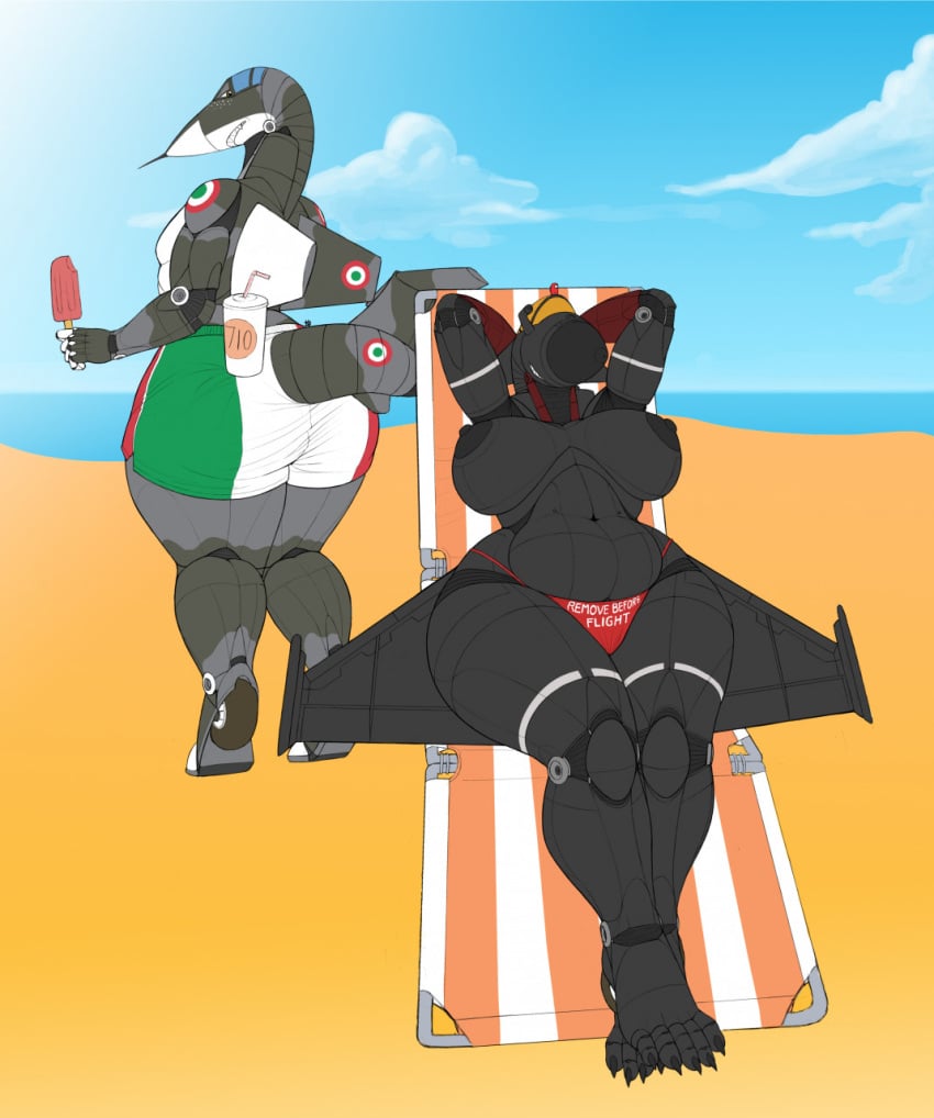 1boy 1girls aeromorph aircraft annoyed anthro ass aurianne_(dogvasili) beach big_breasts breasts cheeky dassault_rafale duo f-104s female huge_ass living_aircraft living_machine lying_on_back male mateo_(furluv217) ndragon3 original popsicle sunbathing thick_thighs thunder_thighs topless voluptuous wide_hips