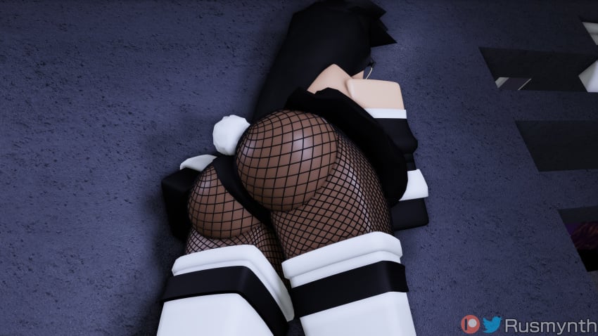 1girls 3d artist_name ass black_hair bunny_ears bunnysuit iris_(rusmynth) original_character roblox robloxian rusmynth tagme