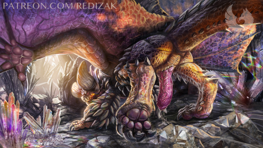 2022 animal_genitalia anus ass brown_body brown_scales capcom claws digitigrade elder_dragon erection feral finger_claws genital_slit genitals hi_res horn male membrane_(anatomy) membranous_wings monster_hunter nergigante pawpads penis quadruped raised_leg red-izak red_eyes scales scalie shaded slit solo toe_claws video_games wings