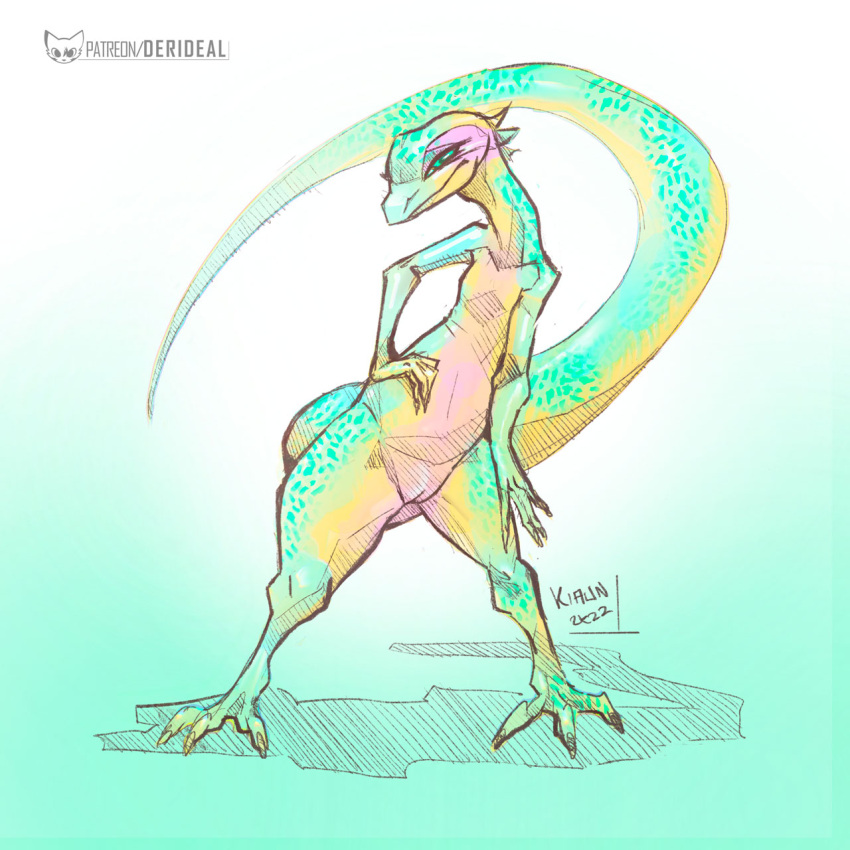 anthro claws claws_out colored digital_drawing_(artwork) digital_media_(artwork) english_text female genitals green_eyes hands_on_hips hi_res icon kiaun lizard page_(disambiguation) pussy reptile scalie shaded shadow signature simple_background solo symbol text url