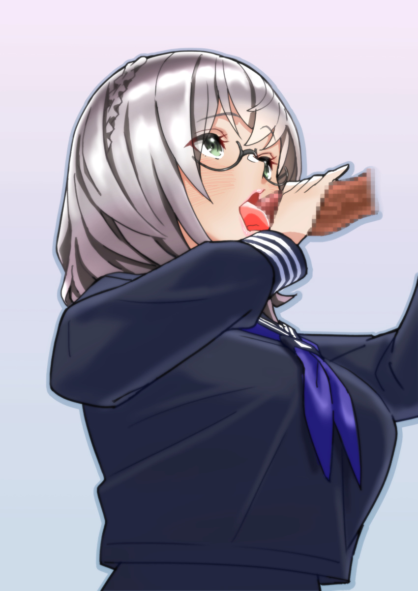 blush braid breasts fellatio female glasses green_eyes grey_hair highres hololive hololive_fantasy hololive_japan medium_hair open_mouth oral penis school_uniform serafuku shirogane_noel tongue tongue_out virtual_youtuber zabudog777