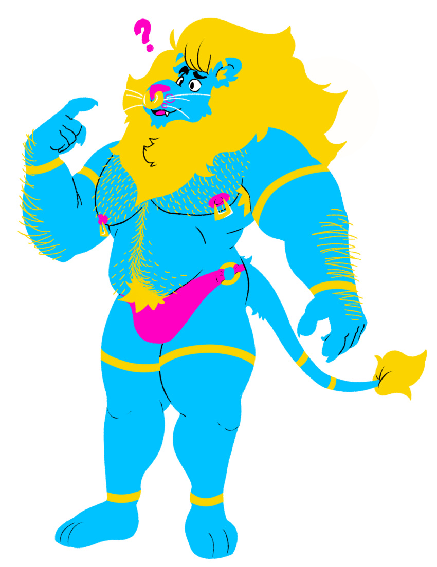 1boy anthro armpit_hair blue_body blue_fur body_hair bulge chest_hair clothed clothing cmyk confusion facial_piercing felid flufflion fluffy_(flufflion) fur handpaw hi_res hindpaw lion male male_only mammal markings musclegut muscular muscular_anthro muscular_male nipple_piercing nipples nose_piercing nose_ring pantherine partially_clothed paws piercing pubes question_mark solo tail_tuft tuft underwear whiskers yellow_body yellow_fur