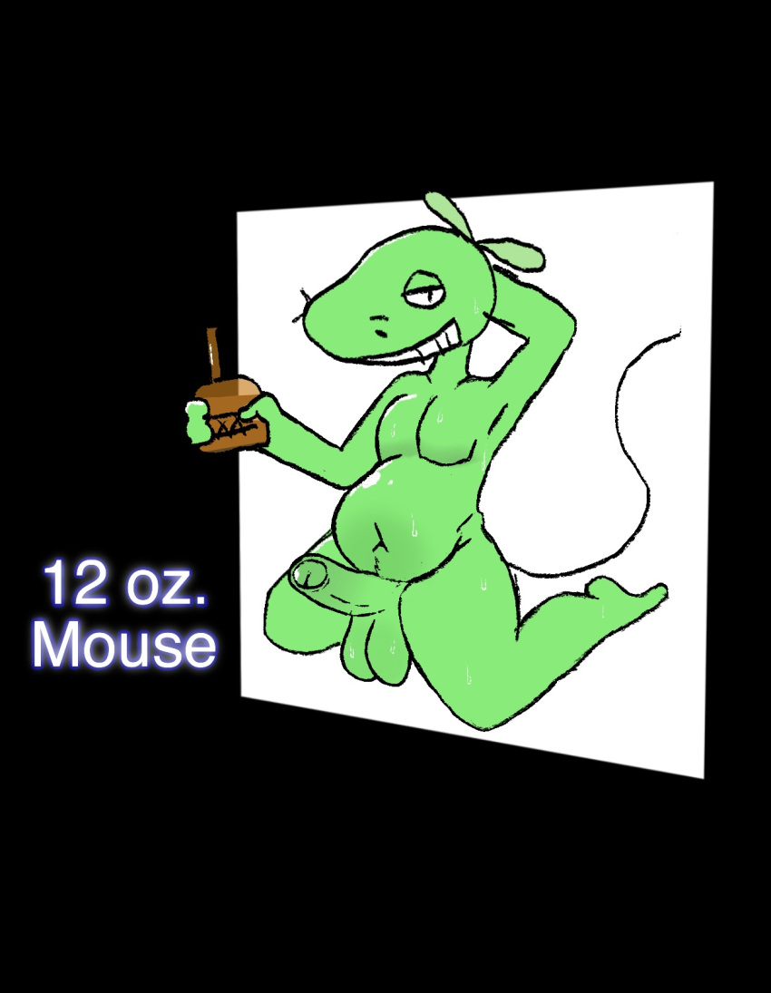 12_oz_mouse adult_swim alcohol anthro bedroom_eyes belly_blush belly_overhang beverage blush bodily_fluids body_blush cartoon_network cold_alcohol erection foreskin fur furry genitals green_body green_fur hi_res kneeling male mammal mouse mouse_fitzgerald murid murine narrowed_eyes overweight penis rodent seductive solo sweat