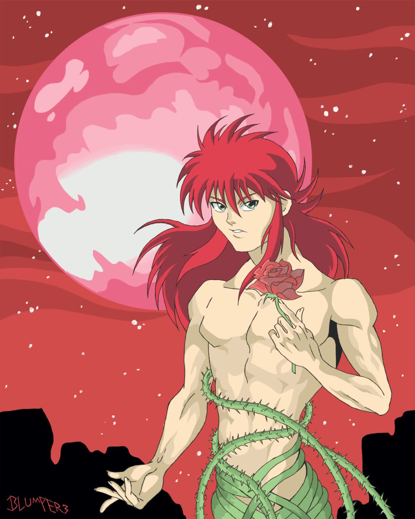 1boy blumper3 flower green_eyes hi_res kurama_(yu_yu_hakusho) long_hair male male_focus male_only moon nude red_hair red_sky rose sky solo yaoi yu_yu_hakusho