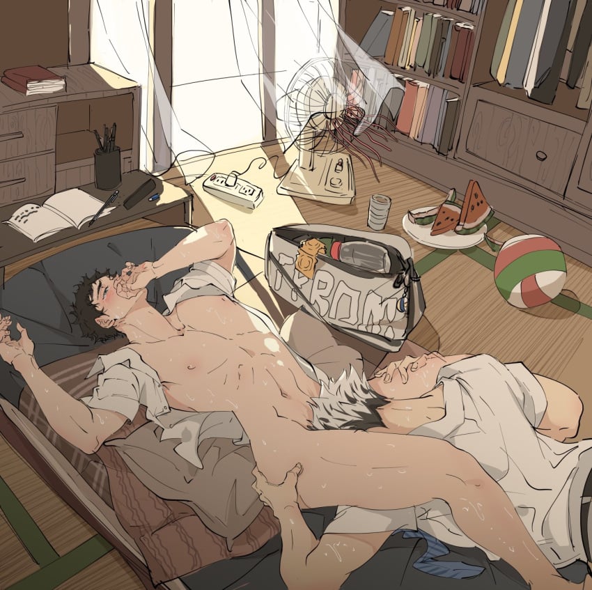 2boys akaashi_keiji bag bare_pectorals black_hair bokuto_koutarou bottomless condom condom_packet_strip condom_wrapper crying crying_with_eyes_open day electric_fan fellatio food futon haikyuu!! hand_on_own_face highres indoors jtdbyhra2022 lying male_focus multicolored_hair multiple_boys naked_shirt navel nipples on_back open_clothes open_shirt open_window oral pectorals plate shirt short_hair streaming_tears sweat tears thighs toned toned_male two-tone_hair watermelon_slice white_hair white_shirt window yaoi