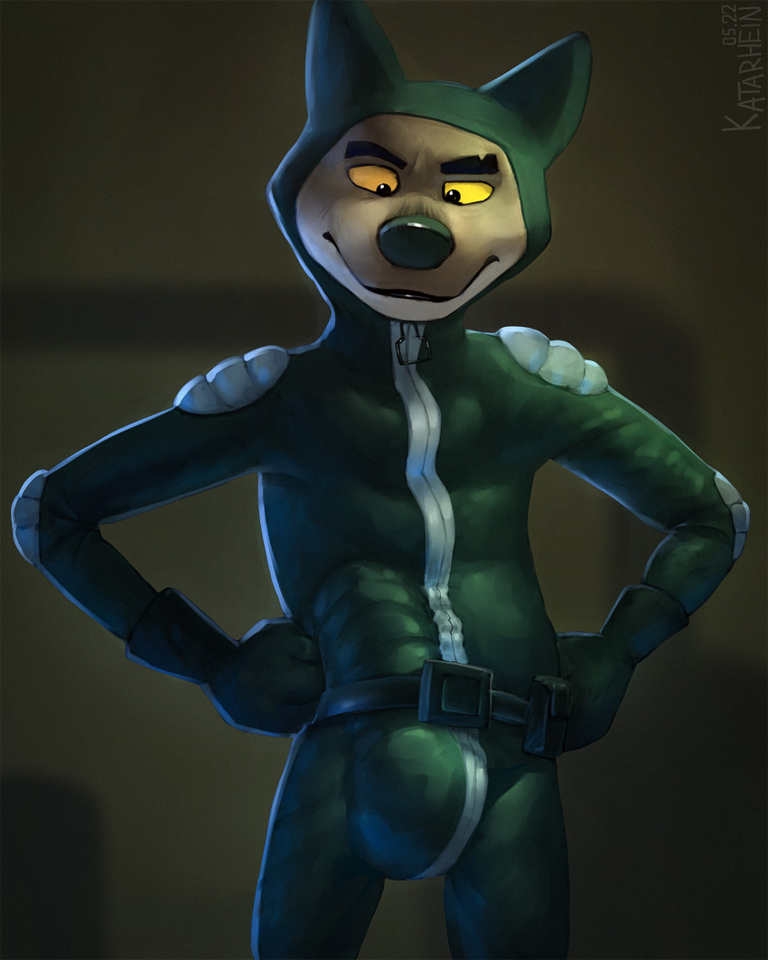 anthro big_penis bulge canid canine canis clothed clothing dreamworks erection erection_under_clothing genitals hi_res katarhein male male_only mammal mr._wolf_(the_bad_guys) penis penis_under_clothes slim smile smirk solo suit tension the_bad_guys thick_penis wolf