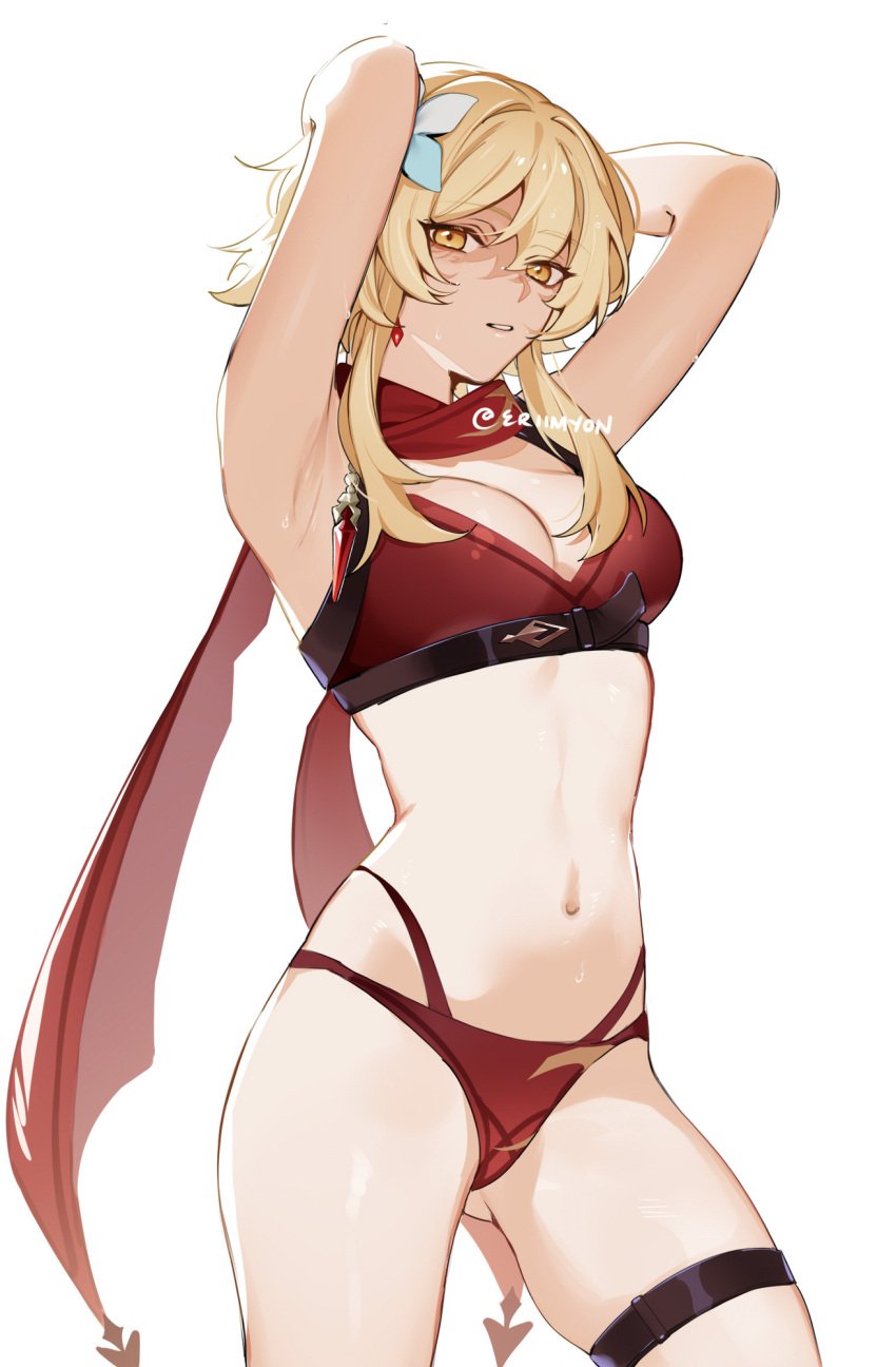 armpits arms_up big_breasts blonde_female blonde_hair breasts curves curvy eriimyon flower_hair_ornament flower_in_hair genshin_impact gold_eyes gold_hair golden_eyes golden_hair large_breasts lingerie lumine_(genshin_impact) scarf thick thigh_band thighs twin