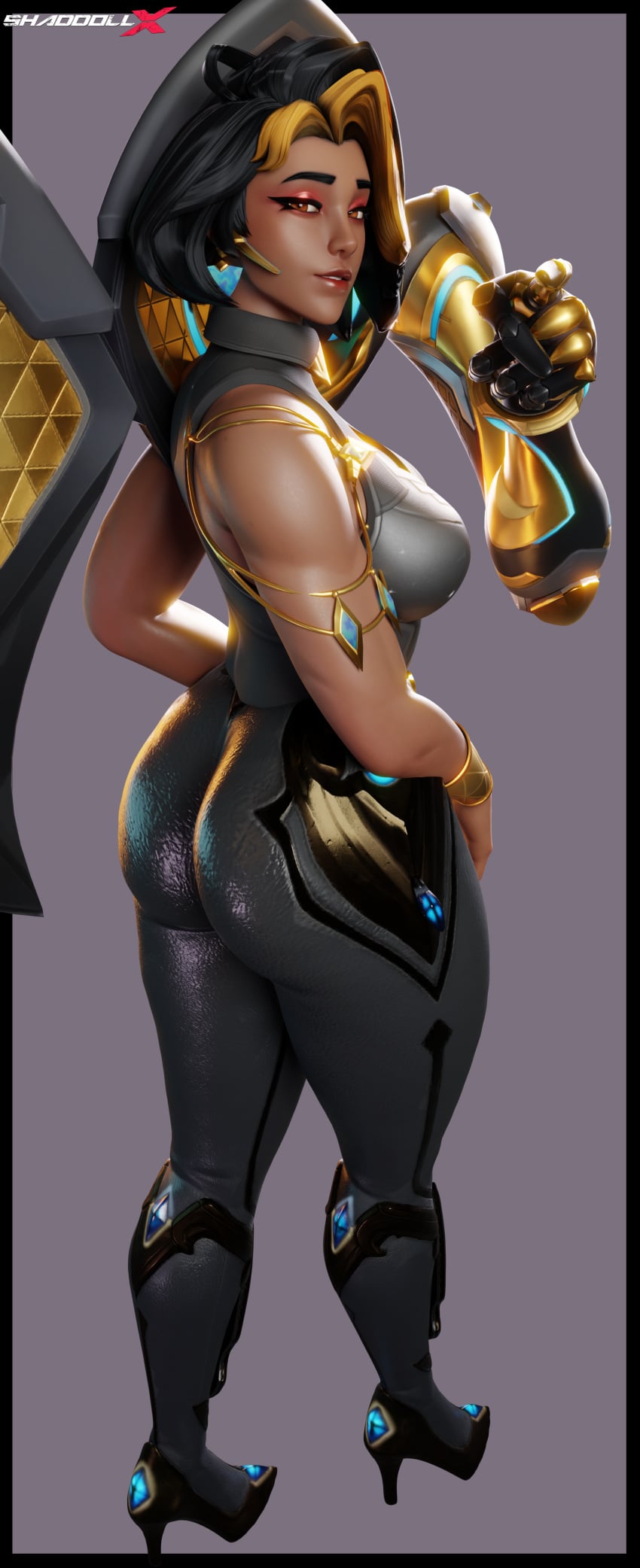 1girls 3d 3d_(artwork) 3d_artwork 3d_model 3d_render ass ass_bigger_than_head ass_crack ass_focus big_ass big_butt brown_body butt butt_focus domina hd high_quality high_resolution highres looking_at_viewer looking_back overwatch overwatch_2 robotic_arm shaddoll_x