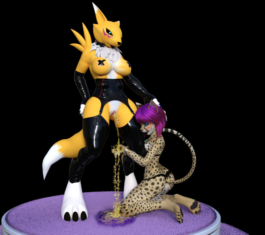 3d_(artwork) anthro bandai_namco bbdworks bodily_fluids bondage bound digimon digimon_(species) digital_media_(artwork) dominant dominant_female duo female genital_fluids genitals peeing pussy renamon urine urine_on_hand urine_pool