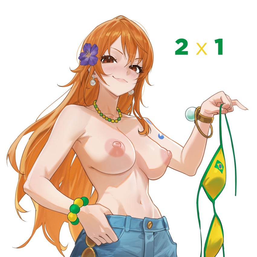 1girls 2d 2d_(artwork) alternate_version_available araigumasully blue_jeans brazilian_flag breasts female female_only holding_bikini_top jeans light-skinned_female nami_(one_piece) nipples one_piece red_hair red_hair_female solo_female tagme topless topless_female topless_jeans white_background