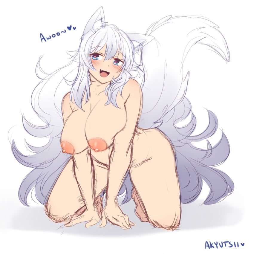 1girls :3 akyutsii animal_humanoid areola areolae awoo big_breasts blue_eyes blush breasts color colored colored_sketch dialogue female fluffy_tails hands_on_ground heart heart-shaped_pupils heart_eyes indie_virtual_youtuber kemonomimi kneeling lumi_(merryweather) merryweather multiple_tails naked nipples nude open_mouth simple_background sketchy solo text thighs virtual_youtuber watermark white_fur white_hair wolf_girl wolf_humanoid youtube youtuber