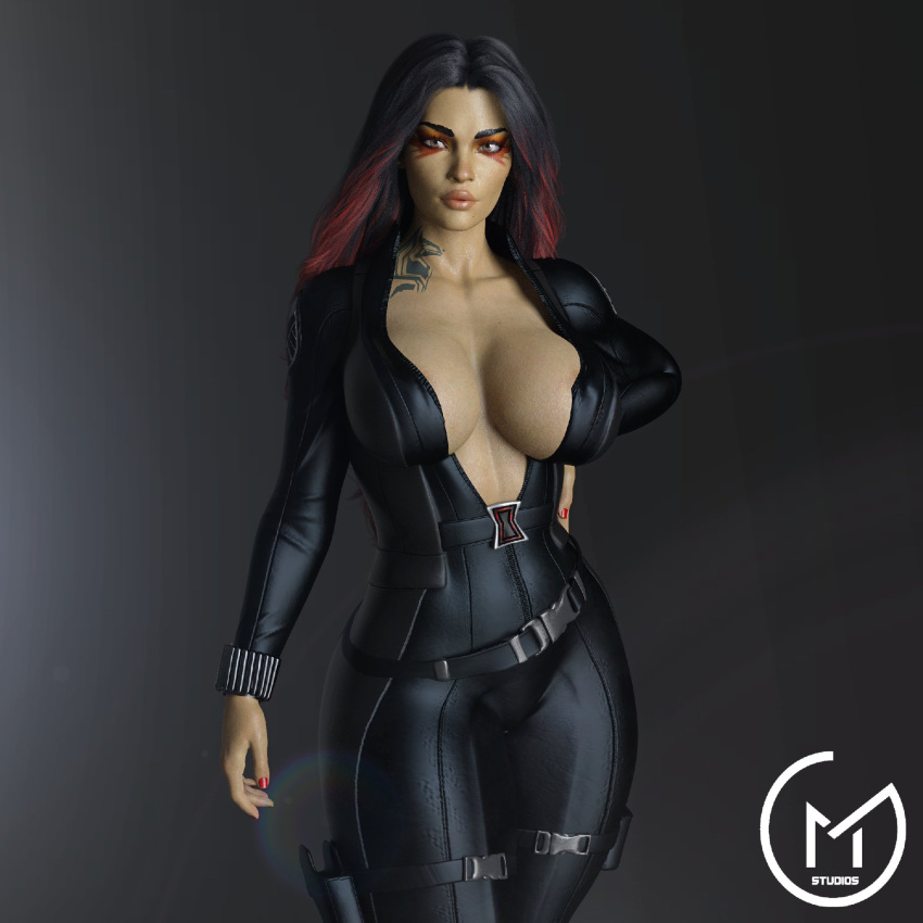 3d apex_legends big_breasts black_widow_(cosplay) bodysuit catsuit cleavage cosplay crossover_cosplay dark-skinned_female gm_studios inner_sideboob loba_(apex_legends) marvel painted_nails respawn_entertainment tattoo thick_thighs two_tone_hair