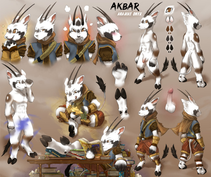 angry antelope anthro anthro_only arabian arabian_oryx book bovid genitals grazing_antelope happy magic male mammal model_sheet nude oryx palette penis solo stampmats treasure