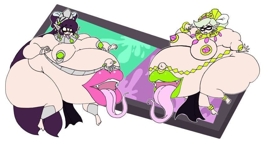 2girls bbw belly big_belly big_breasts breasts callie_(splatoon) da-fuze fat female inkling k marie_(splatoon) obese overweight pasties splatoon stomach_mouth thick_thighs thighs tongue tongue_out weight_gain