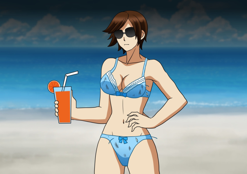 1girls 72zzhousen alluring beach bikini brown_hair female female_only fully_clothed kazama_asuka namco ocean solo sunglasses swimsuit tekken tekken_5_dark_resurrection tekken_7 tekken_tag_tournament_2 tinted_eyewear