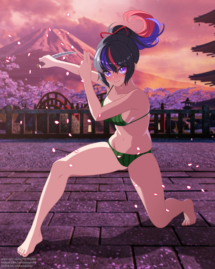 1girls bare_shoulders barefoot bikini black_hair bridge cherry_blossom_tree facial_markings feet female female_only fingernails highres knife kunimitsu_ii kunoichi legs looking_at_viewer multicolored_hair namco navel outside petals ponytail purple_eyes purple_hair red_eyes shrine smile solo swimsuit tekken tekken_7 thighs toenails toes watermelon_bikini weapon whitemane92