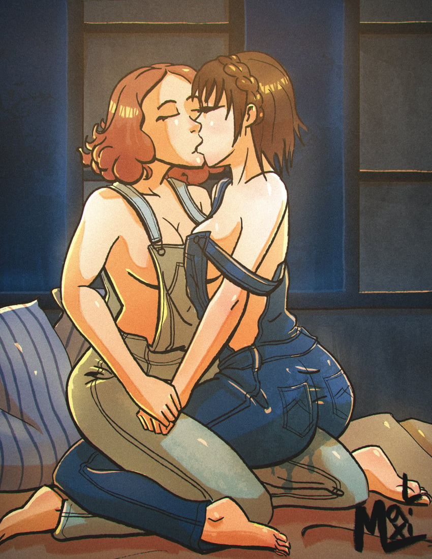 2girls barefoot bed bedroom brown_hair cleavage clothed curly_hair cute eyes_closed female female_only grinding grinding_on_leg grinding_through_clothes haru_okumura holding_hands kissing leg_between_thighs lesbian makoto_niijima maximaldraws megami_tensei naked_overalls on_bed overalls overalls_only persona persona_5 pussy_juice red_hair wholesome yuri