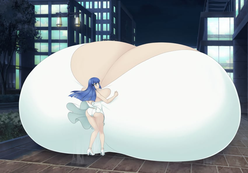 1girls big_ass big_breasts blue_hair blue_hair_female breast_suppress breasts breasts_bigger_than_body breasts_bigger_than_head breasts_bigger_than_torso breasts_on_floor casual_hyper city cleavage clothed clothed_female dress female female_only from_behind full_body giant_breasts huge_ass hyper hyper_breasts immobile light-skinned_female light_skin long_hair long_hair_female looking_at_viewer looking_back looking_over_shoulder massive_breasts outside panties pantyshot saburox skirt skirt_up solo too_big too_big_to_move wind wind_lift