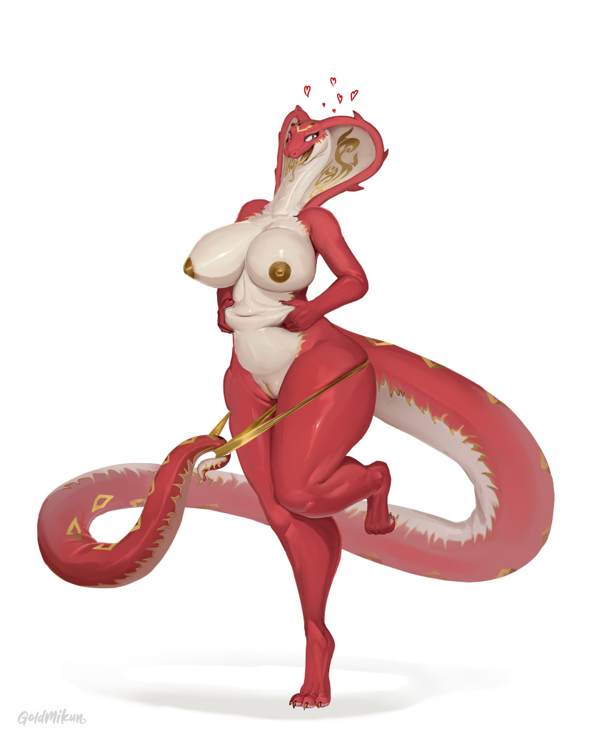 absurd_res anthro big_breasts breasts cobra female fingers genitals goldmikun heart hi_res nipples non-mammal_breasts nude pussy red_body reptile scalie simple_background smile snake snake_hood solo tongue zivvles