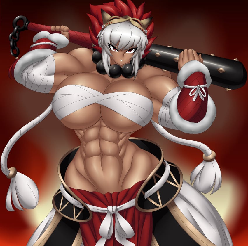 abs big_breasts cleavage club dark-skinned_female dark_skin female female_only fire_emblem fire_emblem_fates huge_breasts kailyn mask muscles muscular muscular_female nintendo oni oni_horns red_eyes rinkah_(fire_emblem) short_hair solo thick tomboy underboob voluptuous white_hair wide_hips