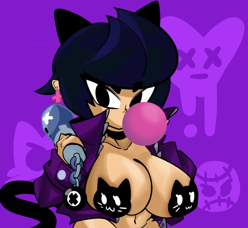 1girls animal_ears animal_tail bibi_(brawl_stars) black_eyes black_hair brawl_stars bubblegum cat_ears cat_tail censored_breasts clothed female holding_object houvandie jacket light-skinned_female light_skin looking_at_viewer short_hair simple_background solo solo_female solo_focus tail