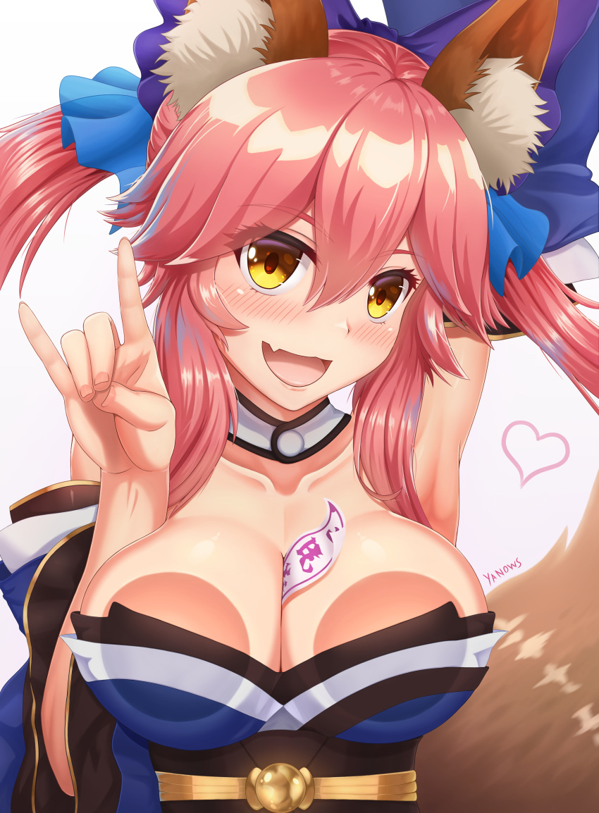 1girls against_glass animal_ears animal_tail between_breasts blush breasts breasts_on_glass fangs fate_(series) fox_ears fox_tail japanese_clothes large_breasts long_hair looking_at_viewer object_between_breasts ofuda open_mouth pink_hair ribbon smile solo tail tamamo_no_mae_(fate) tied_hair yanows yellow_eyes