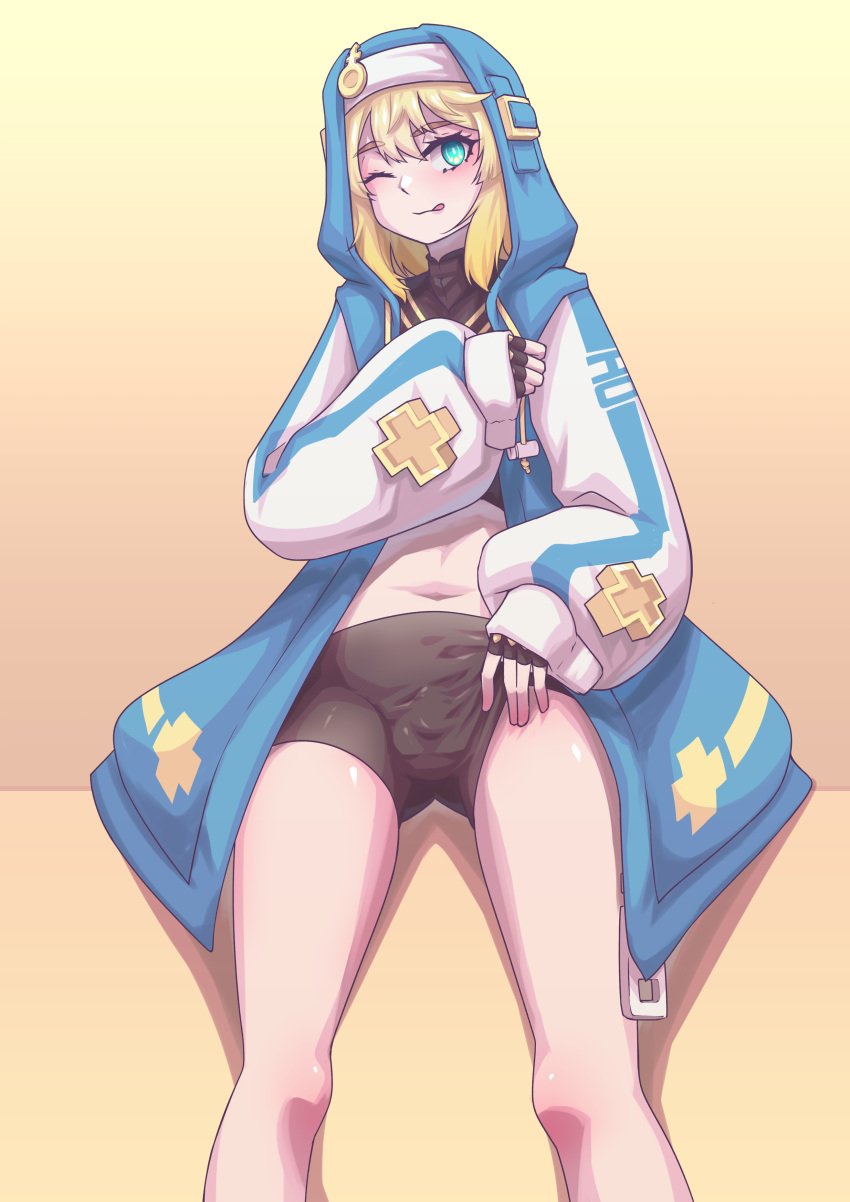 1boy balls bike_shorts bike_shorts_bulge blonde_hair blue_eyes blush bridget bulge canon_crossdressing compression_shorts fully_clothed girly guilty_gear guilty_gear_strive hej hoodie light_skin male_nun nun's_habit penis_bulge plain_background shorts sitting solo solo_focus solo_male spandex_shorts tan_background thighs wink