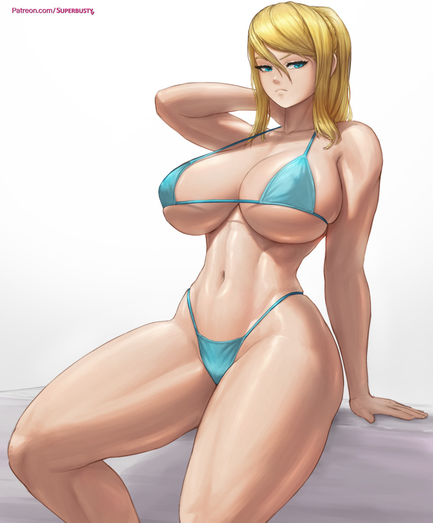 1girls big_breasts bikini blonde_hair blue_eyes cleavage female female_only frown hand_behind_head hi_res highres large_breasts looking_at_viewer metroid midriff navel nintendo ponytail samus_aran solo solo_female stern_expression superbusty swimsuit thick thick_thighs thighs tomboy voluptuous