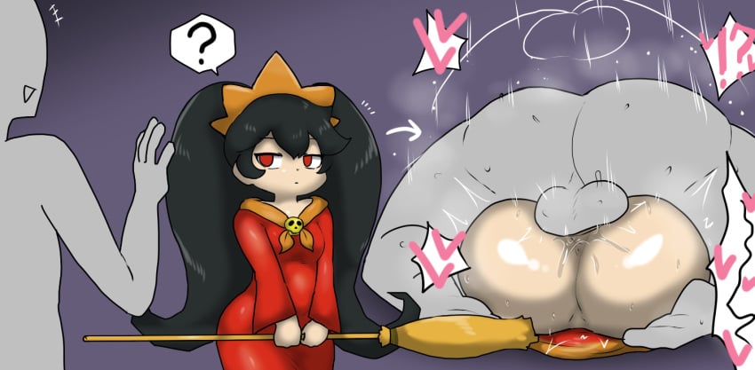 1boy 1girls ? ashley_(warioware) black_hair broom enigi09 heart mating_press red_eyes sweat warioware