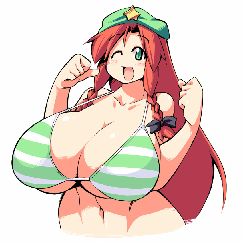 1girls big_breasts bikini breasts_bigger_than_head enormous_breasts gigantic_breasts green_bikini hong_meiling huge_breasts hyper hyper_breasts long_hair massive_breasts red_hair smile striped_bikini stripes tagme touhou uccow