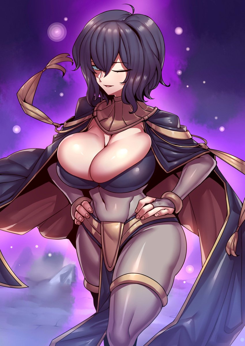 abs absurdres aged_up alternate_costume big_sister black_hair bracelet breasts bridal_gauntlets cape cleavage commission cosplay covered_navel female female_focus fire_emblem fire_emblem_awakening hands_on_own_hips highres incestuous_temptation jewelry large_breasts looking_at_viewer mature_female milf morgan_(female)_(fire_emblem) morgan_(fire_emblem) morgan_(fire_emblem)_(female) nintendo one_eye_closed onee-chan open_mouth purple_eyes skeb_commission solo standing tharja_(fire_emblem)_(cosplay) third-party_edit tsuki_wani wink