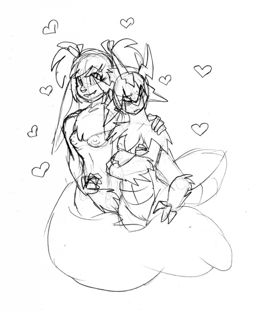 anthro breasts crossed_arms duo eevee female female/female generation_1_pokemon generation_5_pokemon genitals heart_symbol hi_res larvesta monochrome multi_arm multi_limb nat-cha nintendo pokemon pokemon_(species) pussy simple_background sketch tail twintails_(hairstyle)