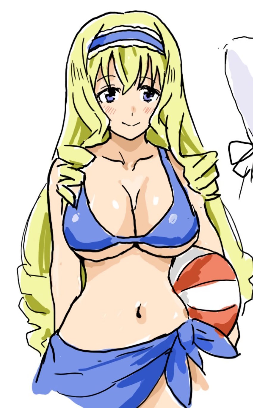 1girls ball beachball big_breasts blonde_hair blue_background blue_eyes blush breasts busty cecilia_alcott cleavage drill_hair female female_only hairband highres infinite_stratos large_breasts legs long_hair looking_at_viewer navel oekaki sarong smile solo thighs underboob very_long_hair voluptuous